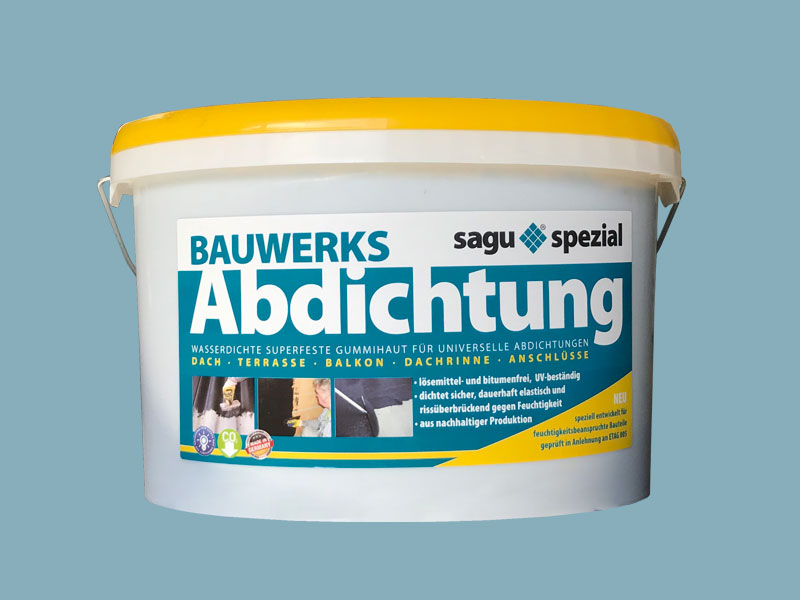 sagu® coating Bauwerksabdichtung Weißer Eimer mit gelbem Deckel und blauen Etikett mit der Aufschrift Bauwerksabdichtung, sagu spezial