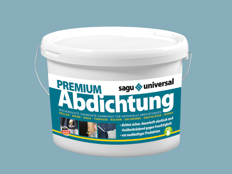 sagu® coating Premiumabdichtung Weißer Eimer mit blauem Etikett und Aufschrift Premiumabdichtung, sagu universal